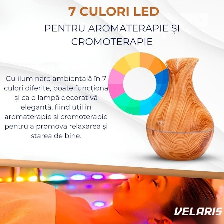 Difuzor aromaterapie cu umidificator ultrasonic, formă vază, LED 7 culori, 130 ml, bej