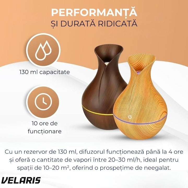 Difuzor aromaterapie cu umidificator ultrasonic, formă vază, LED 7 culori, 130 ml, bej