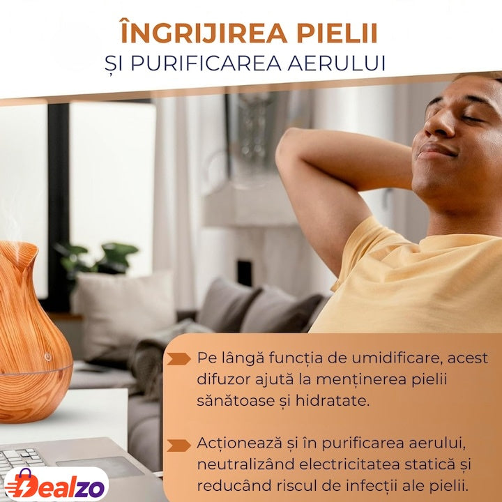 Difuzor aromaterapie cu umidificator ultrasonic, formă vază, LED 7 culori, 130 ml, bej