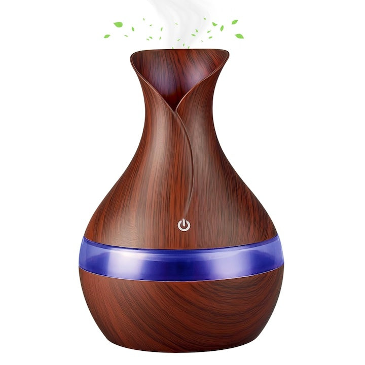 Difuzor aromaterapie cu umidificator, ultrasonic, formă vază, buton tactil, maro, LED 7 culori, 130 ml