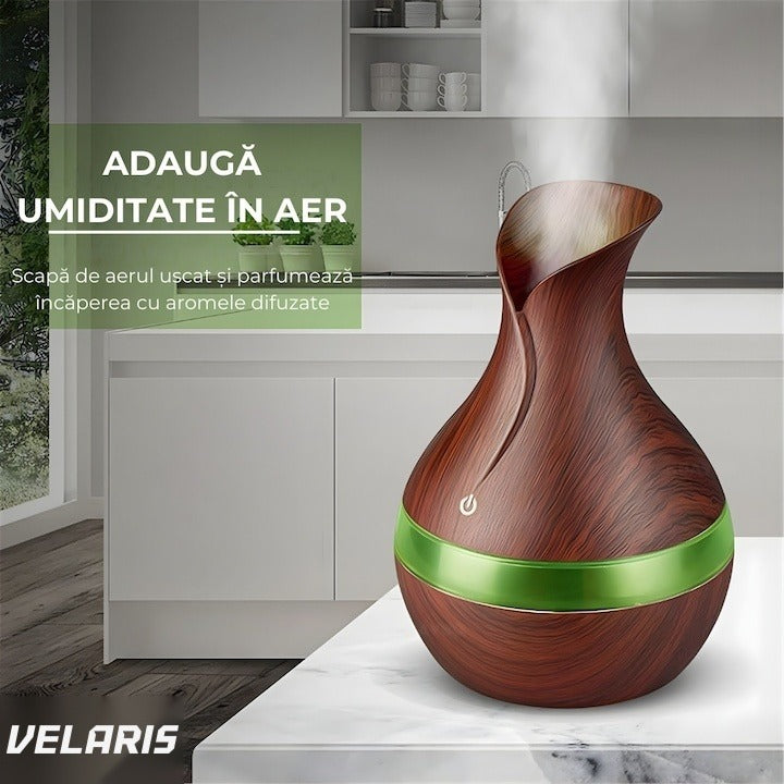 Difuzor aromaterapie cu umidificator, ultrasonic, formă vază, buton tactil, maro, LED 7 culori, 130 ml