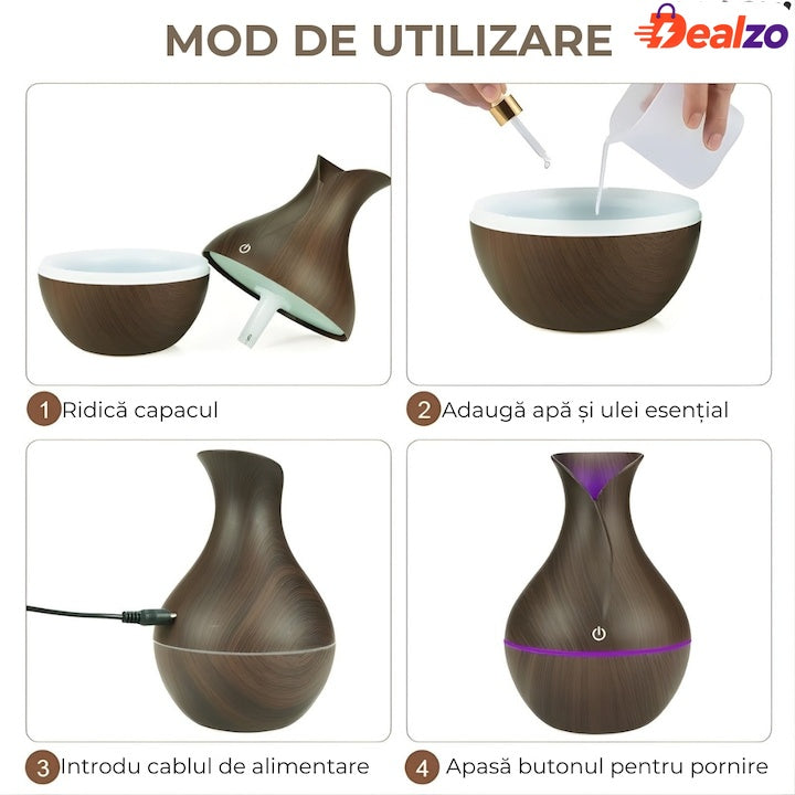 Difuzor aromaterapie cu umidificator, ultrasonic, formă vază, buton tactil, maro, LED 7 culori, 130 ml