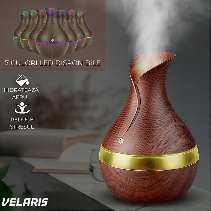Difuzor aromaterapie cu umidificator, ultrasonic, formă vază, buton tactil, maro, LED 7 culori, 130 ml