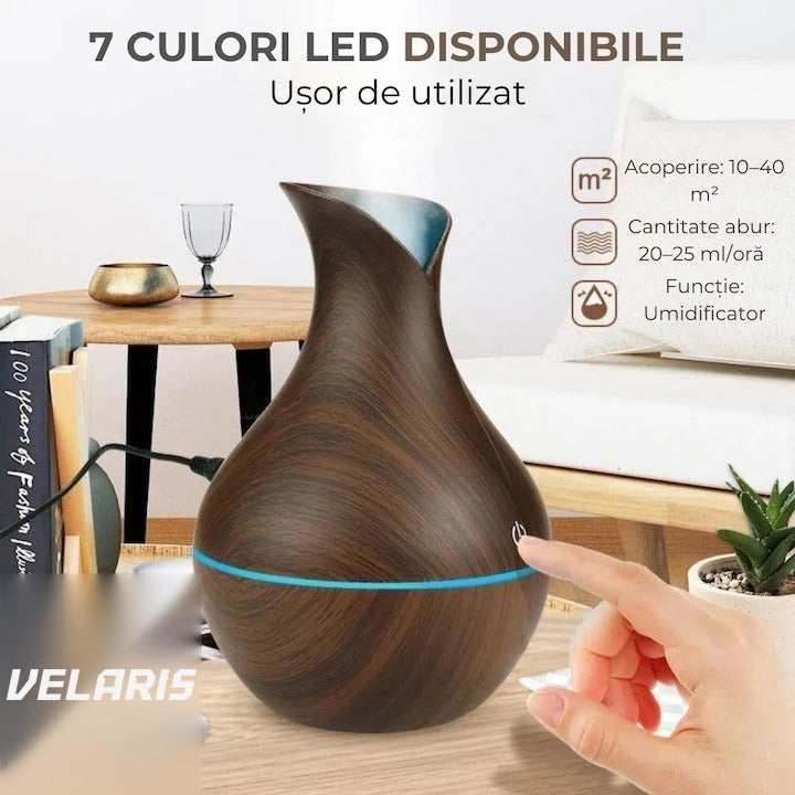 Difuzor aromaterapie cu umidificator, ultrasonic, formă vază, buton tactil, maro, LED 7 culori, 130 ml
