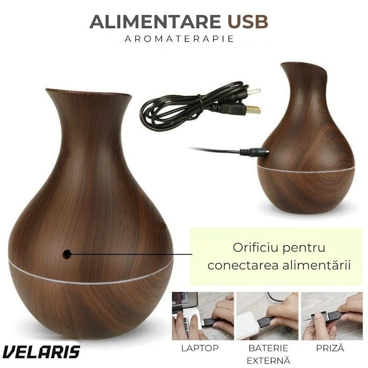 Difuzor aromaterapie cu umidificator, ultrasonic, formă vază, buton tactil, maro, LED 7 culori, 130 ml