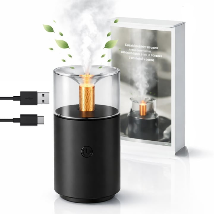 Umidificator aromaterapie tip lumânare cu efect flacără, 250 ml, USB, LED