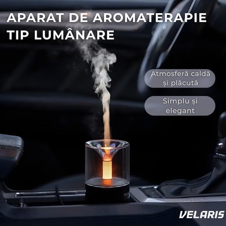 Umidificator aromaterapie tip lumânare cu efect flacără, 250 ml, USB, LED