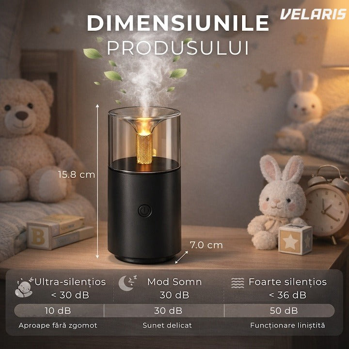 Umidificator aromaterapie tip lumânare cu efect flacără, 250 ml, USB, LED
