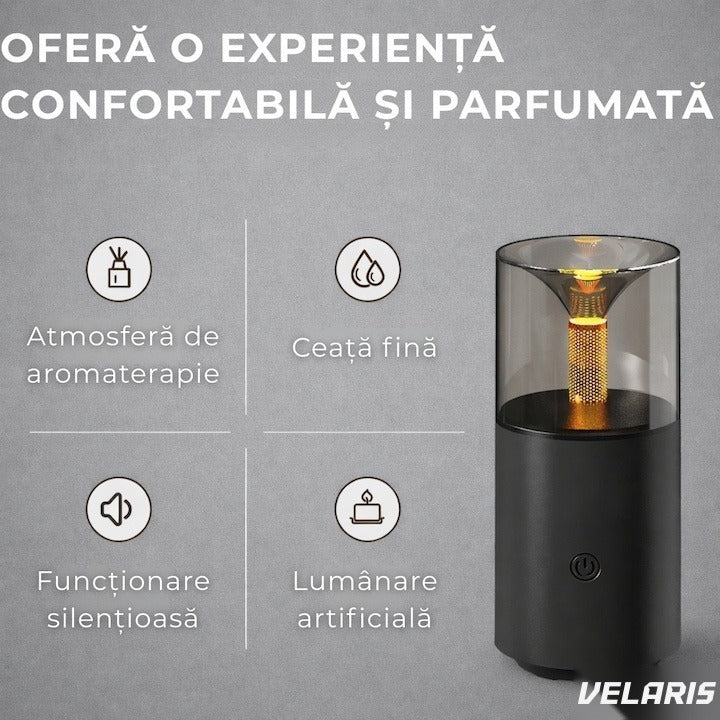 Umidificator aromaterapie tip lumânare cu efect flacără, 250 ml, USB, LED