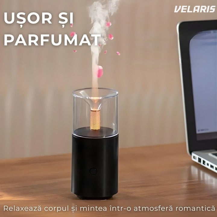 Umidificator aromaterapie tip lumânare cu efect flacără, 250 ml, USB, LED