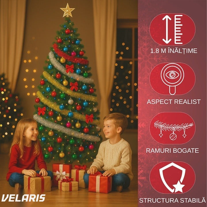 Brad Crăciun artificial 1,8 m, suport metal, decorații complete LED 100 becuri