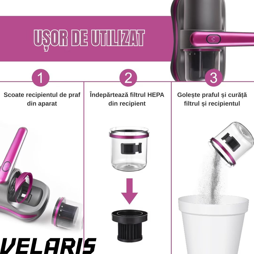 Aspirator Antiacarieni, 8000 Pa, Fara Fir, Filtru HEPA, Baterie 3600 mAh, UVC, Rezervor 500 ml, Curatare Pat, Canapea si Covoare