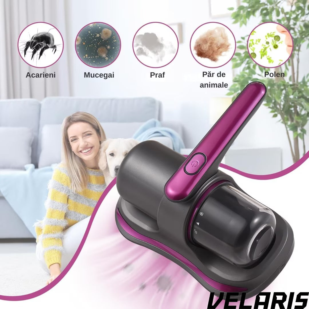 Aspirator Antiacarieni, 8000 Pa, Fara Fir, Filtru HEPA, Baterie 3600 mAh, UVC, Rezervor 500 ml, Curatare Pat, Canapea si Covoare