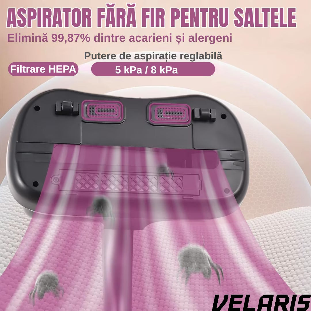 Aspirator Antiacarieni, 8000 Pa, Fara Fir, Filtru HEPA, Baterie 3600 mAh, UVC, Rezervor 500 ml, Curatare Pat, Canapea si Covoare