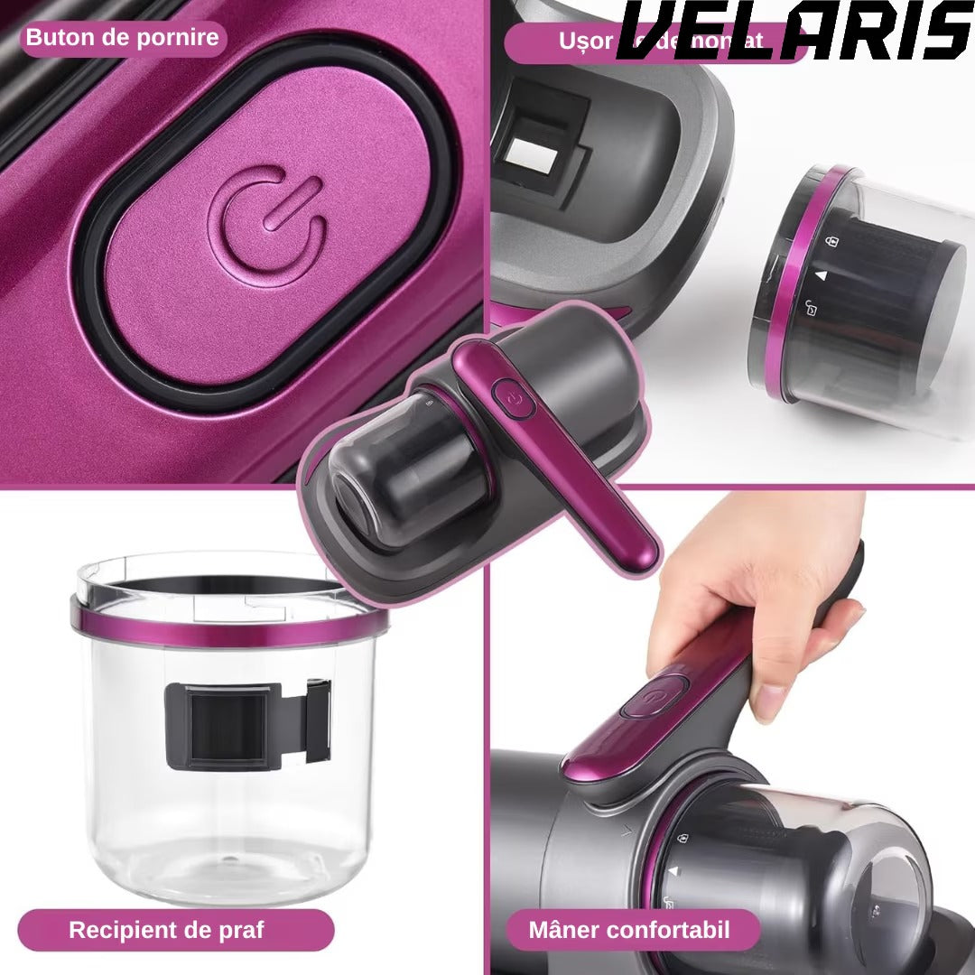 Aspirator Antiacarieni, 8000 Pa, Fara Fir, Filtru HEPA, Baterie 3600 mAh, UVC, Rezervor 500 ml, Curatare Pat, Canapea si Covoare