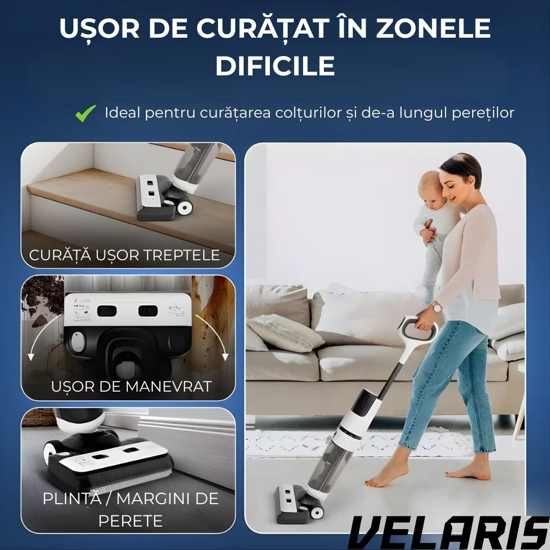 Aspirator Vertical cu Spalare OZ01 Pro Fara Fir Autocuratare, Dezinfectare Apa, Putere 12000Pa, Autonomie 60 Min Ecran LED 2 Rezervoare