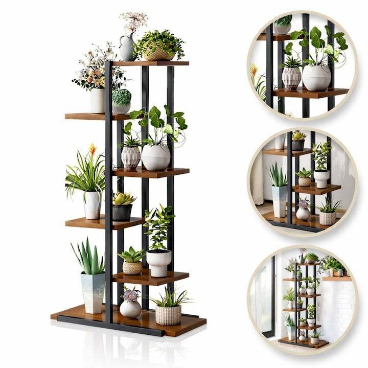 Suport plante asimetric 6 rafturi, structură metal, rafturi aspect lemn, 60x21.6x123 cm