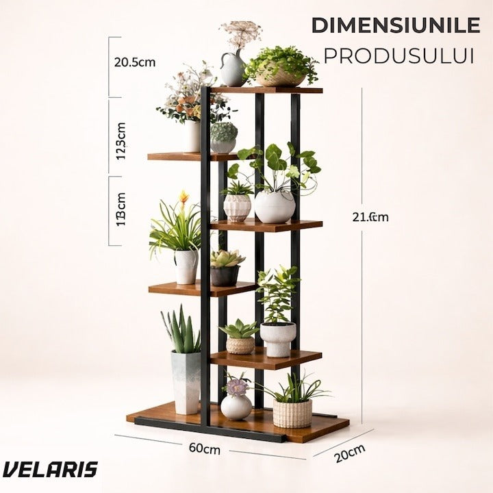 Suport plante asimetric 6 rafturi, structură metal, rafturi aspect lemn, 60x21.6x123 cm