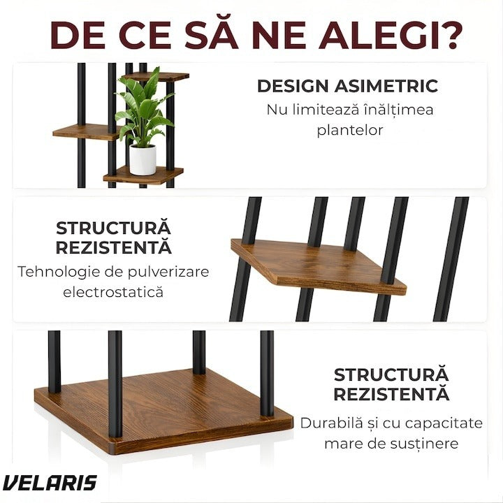 Suport plante asimetric 6 rafturi, structură metal, rafturi aspect lemn, 60x21.6x123 cm