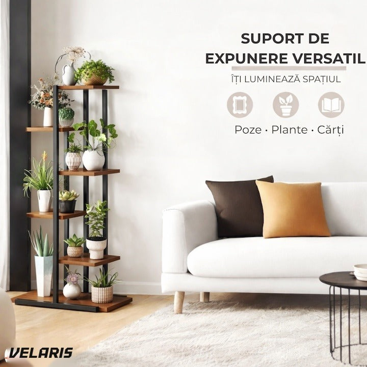 Suport plante asimetric 6 rafturi, structură metal, rafturi aspect lemn, 60x21.6x123 cm