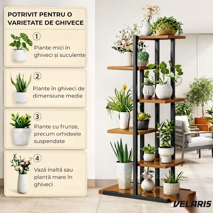 Suport plante asimetric 6 rafturi, structură metal, rafturi aspect lemn, 60x21.6x123 cm