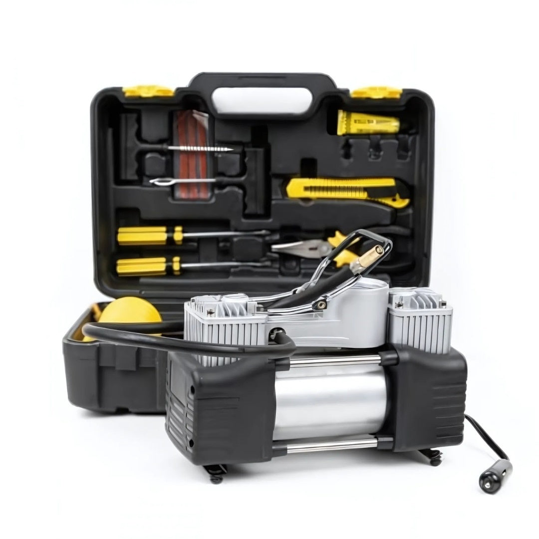 Compresor auto 12V cu 2 cilindri, furtun 5 m, kit reparare anvelope și accesorii incluse