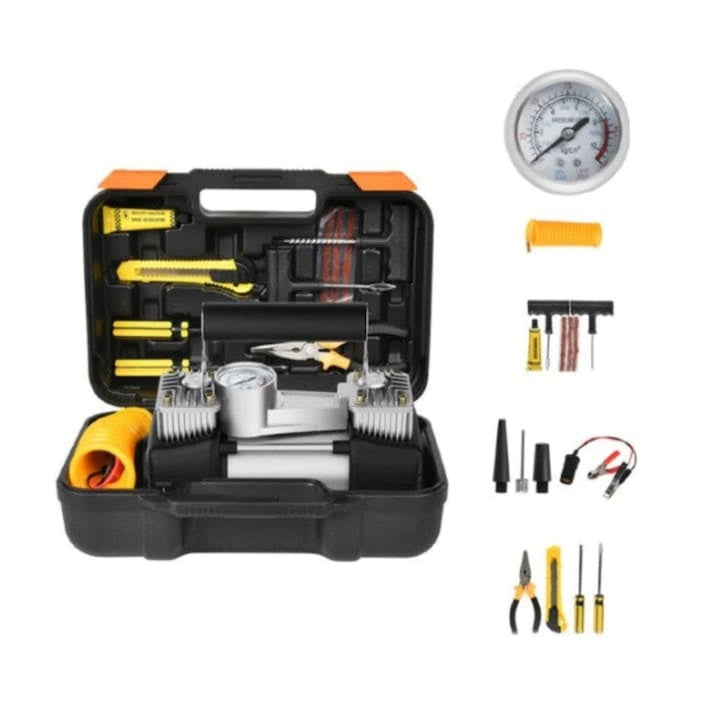 Compresor auto 12V cu 2 cilindri, furtun 5 m, kit reparare anvelope și accesorii incluse