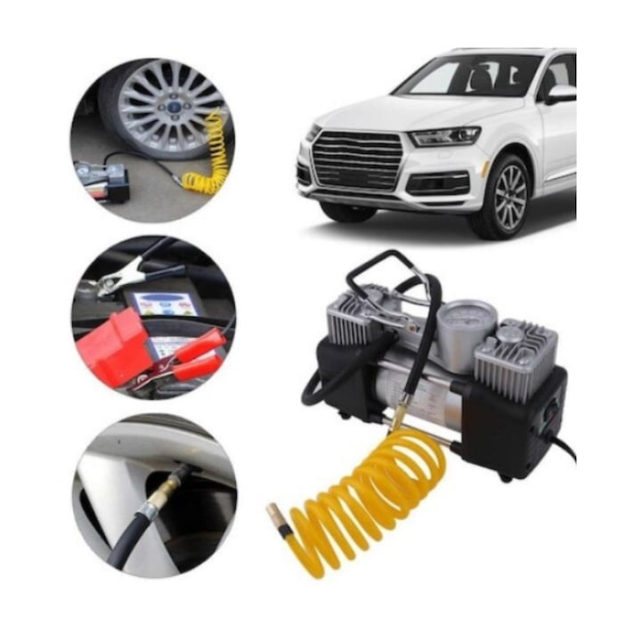 Compresor auto 12V cu 2 cilindri, furtun 5 m, kit reparare anvelope și accesorii incluse