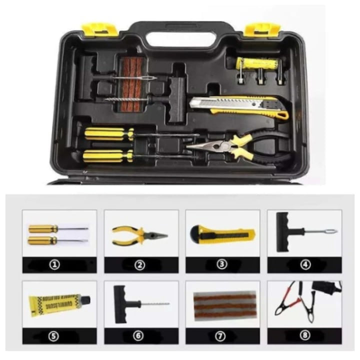 Compresor auto 12V cu 2 cilindri, furtun 5 m, kit reparare anvelope și accesorii incluse