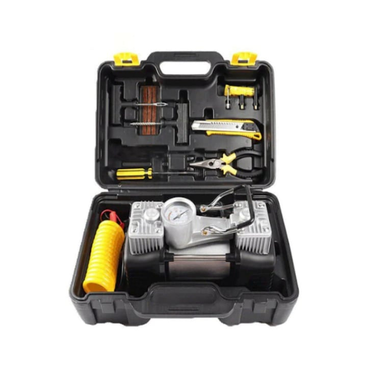 Compresor auto 12V cu 2 cilindri, furtun 5 m, kit reparare anvelope și accesorii incluse