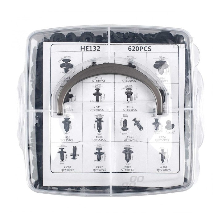 Set 620 clipsuri auto, 16 tipuri, plastic rezistent, cutie organizare