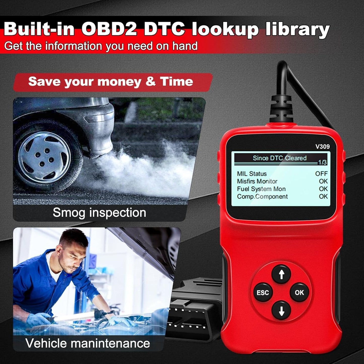 Tester OBD2 V309, citire/stergere coduri DTC, ecran LCD mare, plug and play