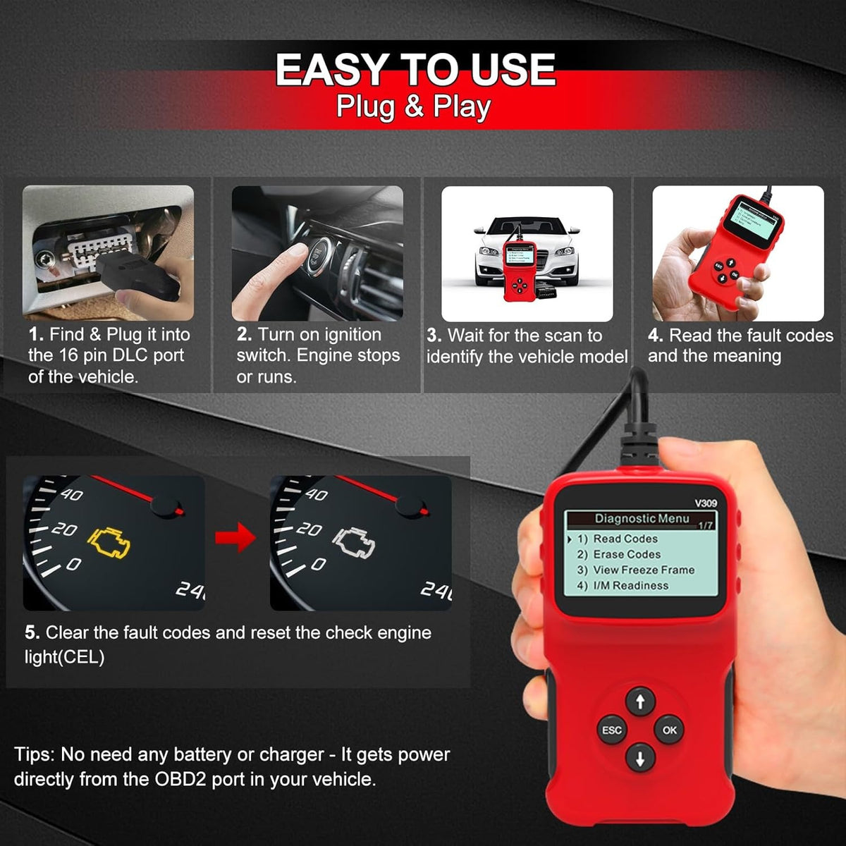 Tester OBD2 V309, citire/stergere coduri DTC, ecran LCD mare, plug and play