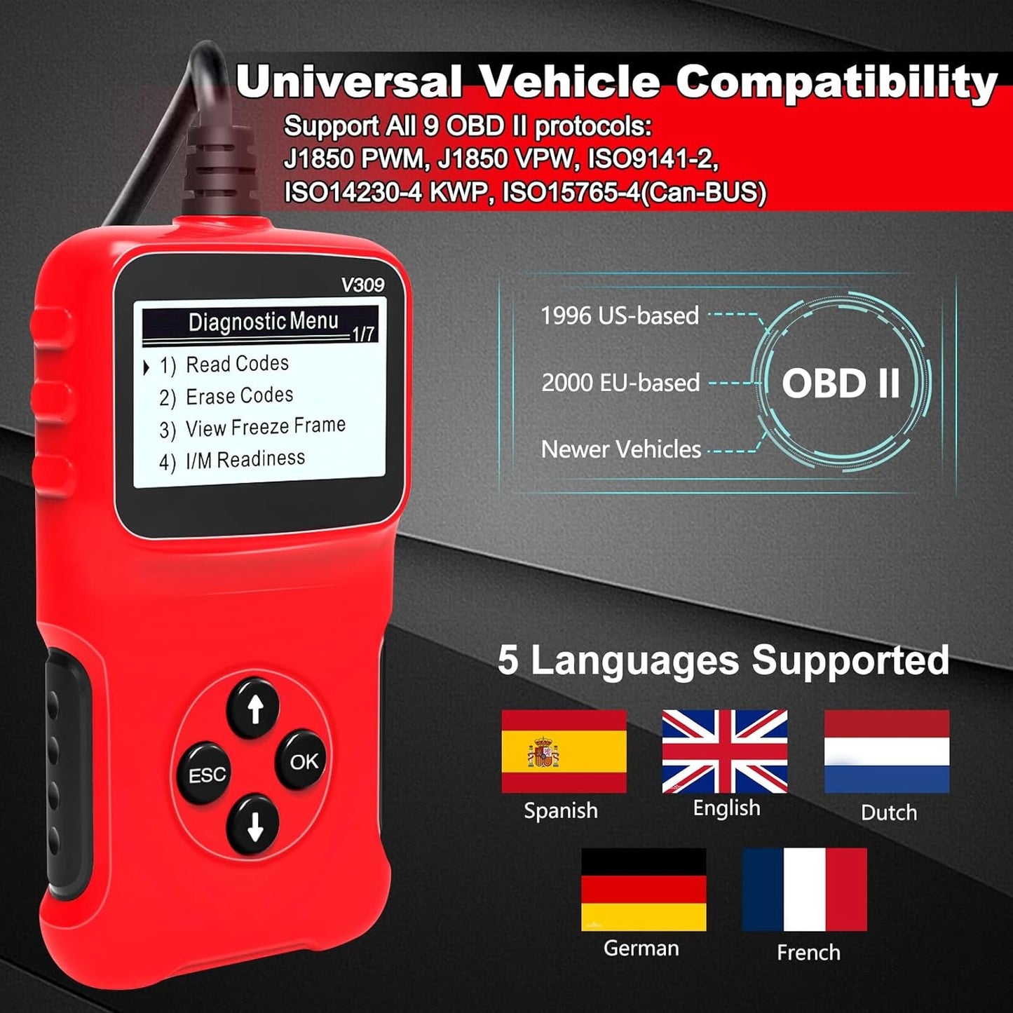 Tester OBD2 V309, citire/stergere coduri DTC, ecran LCD mare, plug and play