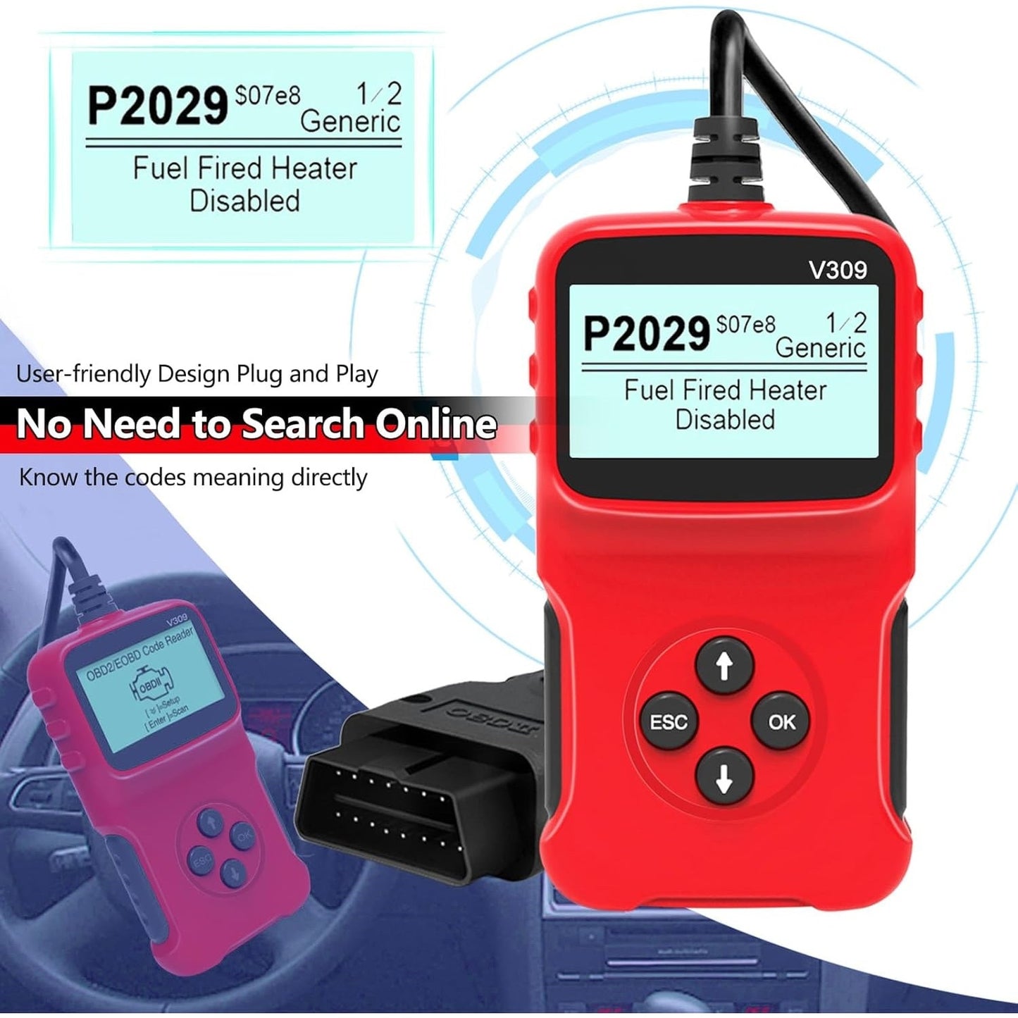 Tester OBD2 V309, citire/stergere coduri DTC, ecran LCD mare, plug and play