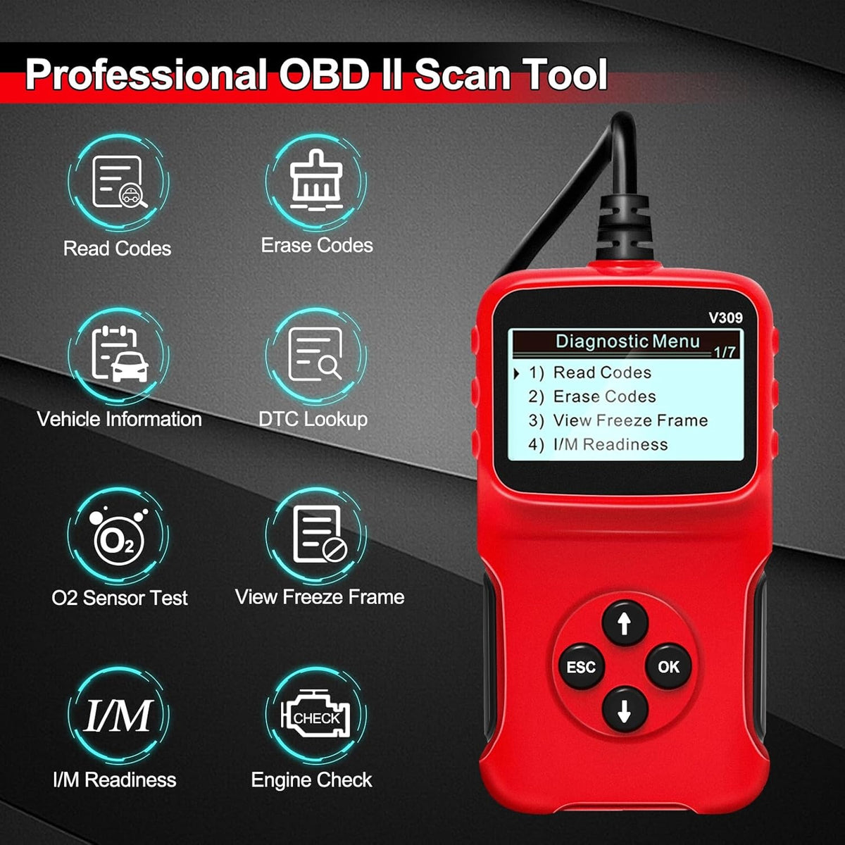Tester OBD2 V309, citire/stergere coduri DTC, ecran LCD mare, plug and play