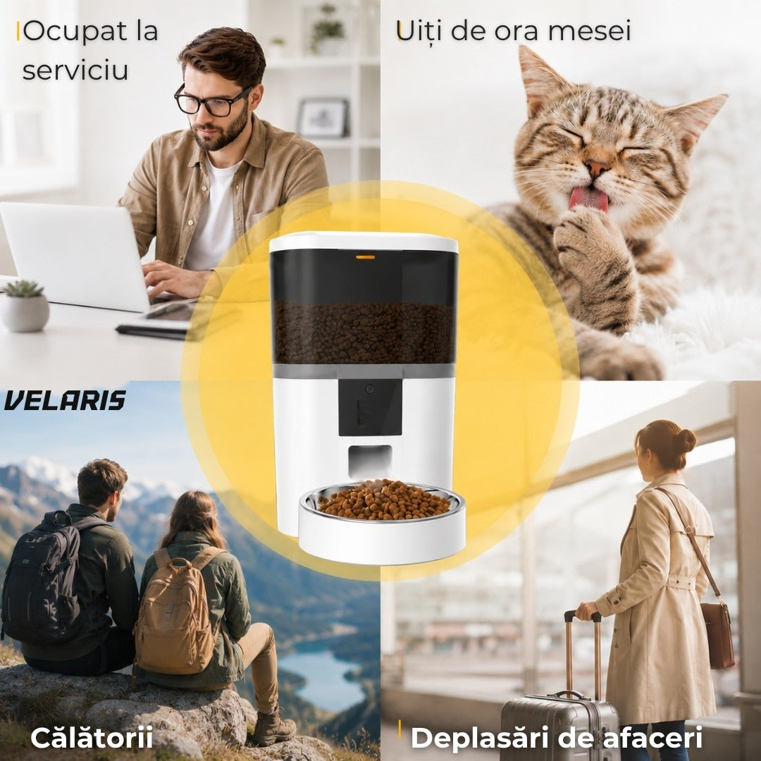 Automat hrana animale 6L, camera HD 1080P, audio bidirectional, WiFi 5G