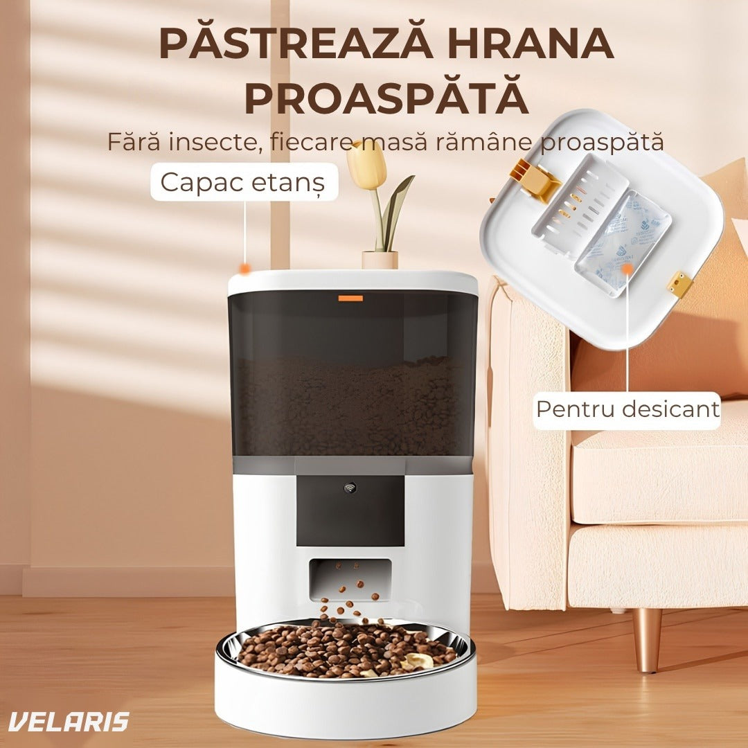 Automat hrana animale 6L, camera HD 1080P, audio bidirectional, WiFi 5G