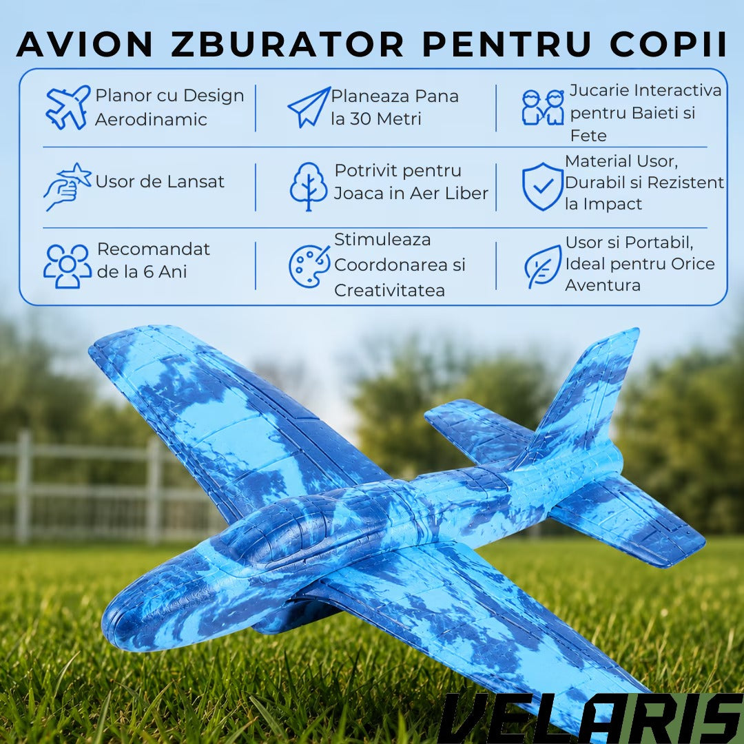 Avion zburator, planor rezistent, zboara pana la 30m, Albastru, Material rezistent la impact si cazaturi, pentru copii 6+ ani