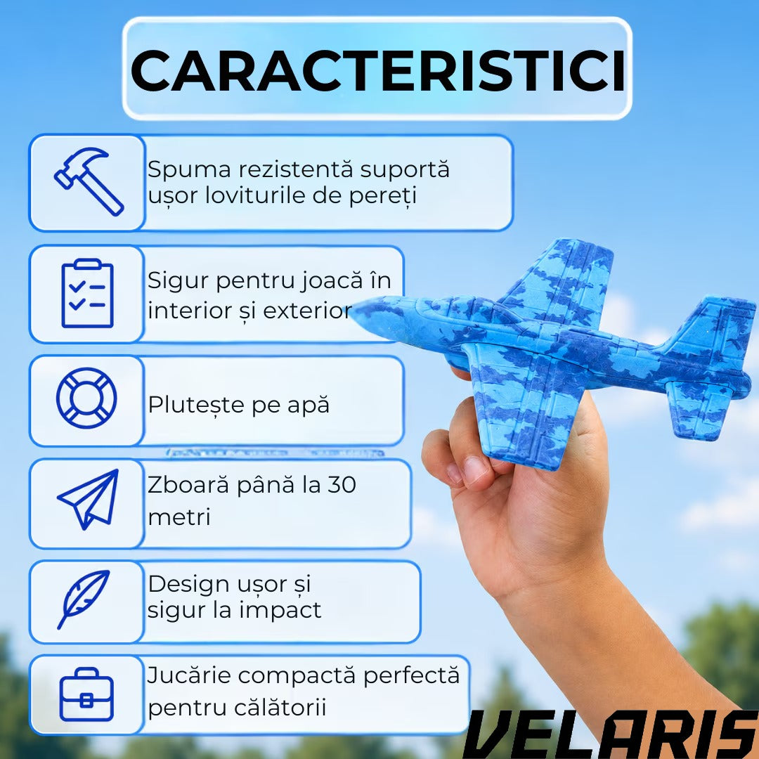 Avion zburator, planor rezistent, zboara pana la 30m, Albastru, Material rezistent la impact si cazaturi, pentru copii 6+ ani