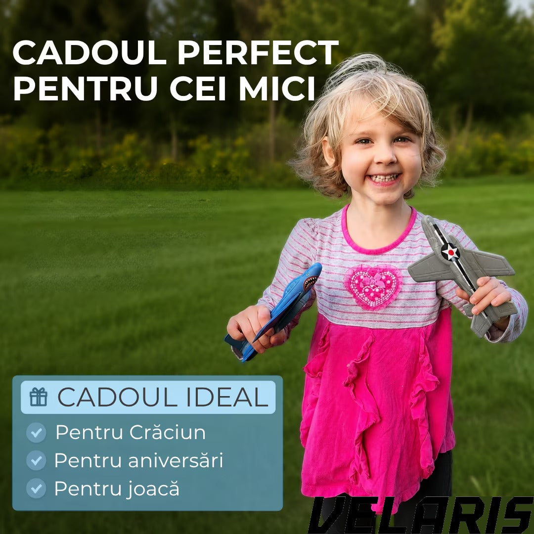 Avion zburator, planor rezistent, zboara pana la 30m, Albastru, Material rezistent la impact si cazaturi, pentru copii 6+ ani
