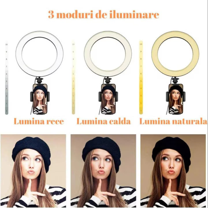Lampa Circulara Profesionala LED, Diametru 55 cm (22 inch), Conectare USB, 3 Moduri de Lumina