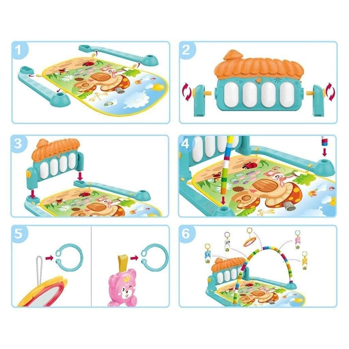 Centru de Activități și Saltea de Joacă Bebe, Pian Muzical Interactiv, 5 Jucării Detașabile, 0-12 Luni, Multicolor