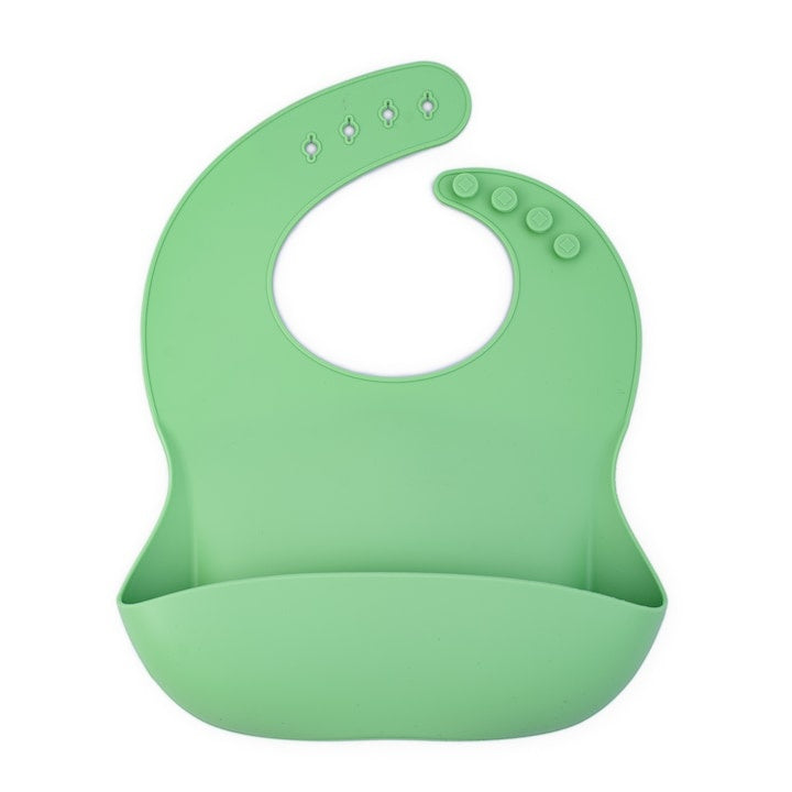 Bavetă bebe silicon moale ajustabilă cu buzunar colector verde deschis