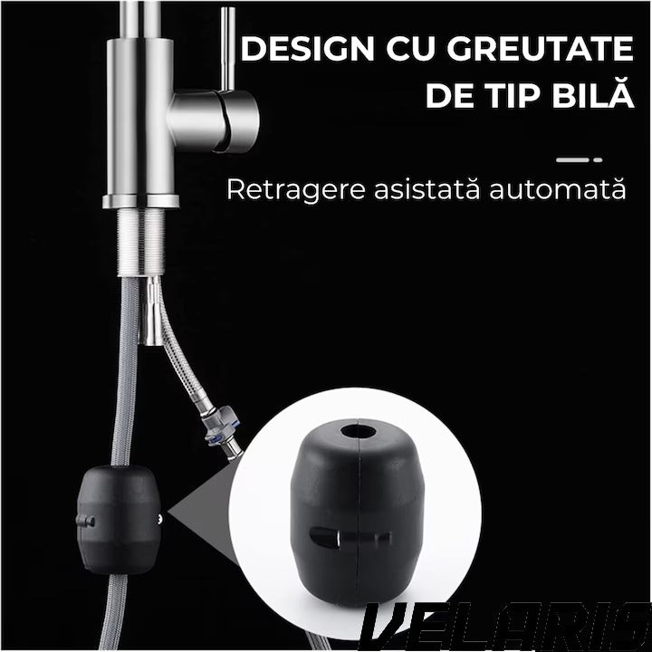 Baterie chiuveta bucatarie Premium dus extractabil pipa inalta rotire 360 cartus ceramic 2 functii jet buton ON OFF racorduri incluse inox mat argintiu