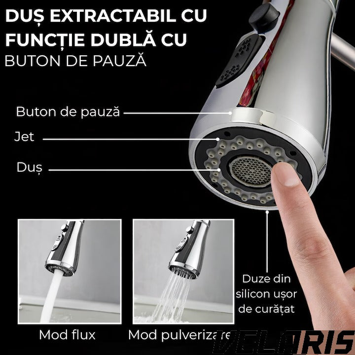 Baterie chiuveta bucatarie Premium dus extractabil pipa inalta rotire 360 cartus ceramic 2 functii jet buton ON OFF racorduri incluse inox mat argintiu