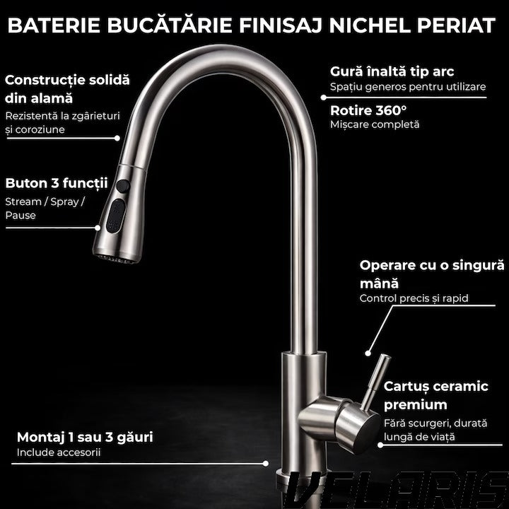 Baterie chiuveta bucatarie Premium dus extractabil pipa inalta rotire 360 cartus ceramic 2 functii jet buton ON OFF racorduri incluse inox mat argintiu