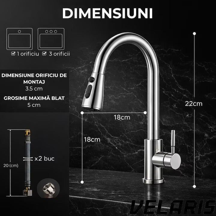 Baterie chiuveta bucatarie Premium dus extractabil pipa inalta rotire 360 cartus ceramic 2 functii jet buton ON OFF racorduri incluse inox mat argintiu