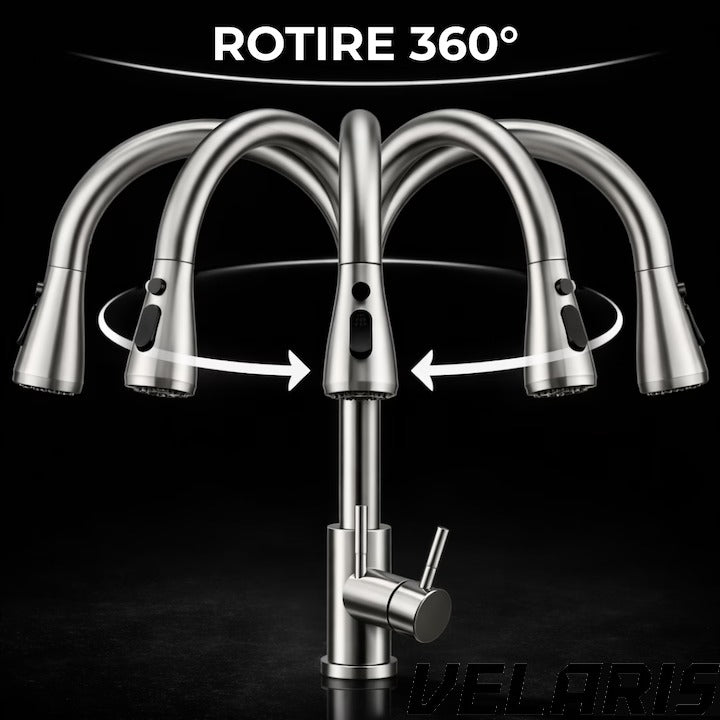 Baterie chiuveta bucatarie Premium dus extractabil pipa inalta rotire 360 cartus ceramic 2 functii jet buton ON OFF racorduri incluse inox mat argintiu
