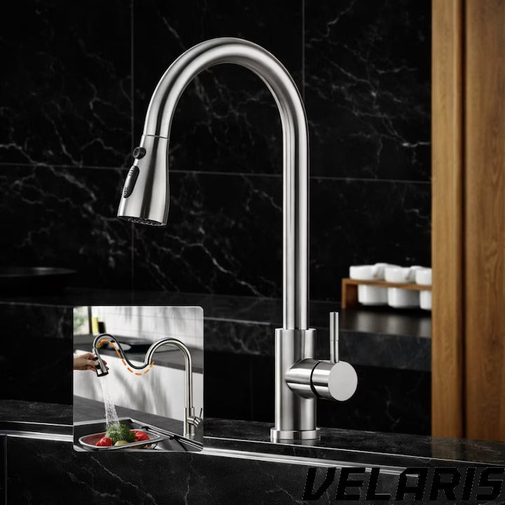 Baterie chiuveta bucatarie Premium dus extractabil pipa inalta rotire 360 cartus ceramic 2 functii jet buton ON OFF racorduri incluse inox mat argintiu